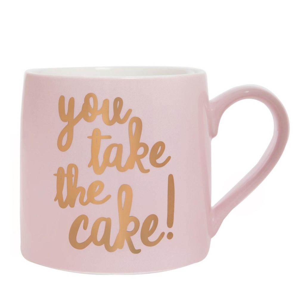 Slant 20oz pink ceramic coffee mug w/rose gold lettering “you take the cake”-NWT
